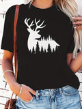 Vintage T Shirts Women Deer Silhouette With Pine Trees Among Misty Forest Black T Shirt, Women T Shirt, Cute Graphic Tees For Women