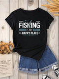 Cute Graphic Tees For Women Fishing Is My Happy Place Comfortable Black Cotton Tshirt, Grey T Shirt Womens, Cotton Shirts For Women