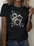 Womens Shirts Black And White Detailed Floral Design With Leaves And Buds Flower, Cotton Shirts For Women, Vintage Shirts Women
