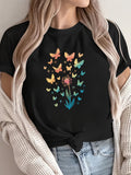 Womens Grinch Shirt Colorful Butterflies Surrounding Blooming Pink Flower, Graphic Shirts For Women, Funny Shirts For Women