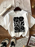 Graphic Tshirts Women Black And White Bold Floral Pattern With Stylized Abstract Flower T Shirt, Shirt For Women, Women's Short Sleeve T Shirts