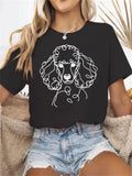 Womens Graphic Tshirts Black Casual Cotton Tshirt Featuring White Continuous Line Poodle Dog, Womens T Shirts, Basic Tees Women