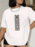 100 Cotton T Shirts For Women Stylish Woman Wearing White Cotton Tshirt With Geometric Black And White Vertical Pattern, Funny T Shirts For Women, Shirt For Women