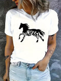 Grey T Shirt Womens Black Floral Pattern Against White Background Horse, Women Tshirts, Womens Night Shirts