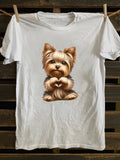 Graphic Tees Women Cute Fluffy Sitting Small Dog, White Cotton Shirt Women, Women T Shirt