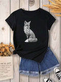 Cotton T Shirts For Women Realistic Sitting Fox Illustration On Black Cotton Tshirt, Country Shirts Womens, Graphic Tshirts Women