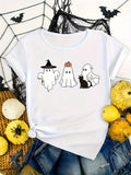 Women's Short Sleeve T Shirts Cute Ghosts With Witch Hat Pumpkin And Black Cat Halloween Tshirt, Vintage T Shirts Women, Womens Tees