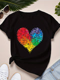 Country Shirts Womens Colorful Gradient Puzzle Pieces Forming Heart Shape, Womens Graphic Tees Vintage, Basic Tees Women