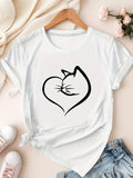Funny T Shirts For Women Minimalist Black Outline Cat Shaped As Heart On Plain White Shirt, Blue Shirt Women, Black T Shirt Women
