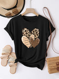 Cute Graphic Tees For Women Leopard Print And Patterned Hearts On Black Short Sleeve T Shirt, Pink Shirt Womens, Vintage T Shirts Women