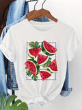 Cotton T Shirts For Women Fresh Summer Watermelon Slices With Green Leaves And Vibrant Colorful Design Tshirt, Women's Short Sleeve T Shirts, Graphic Tshirts Women