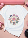 Womens T Shirts Mandala Pattern With Colorful Intricate Florals And Petals Centerpiece, Grey T Shirt Womens, Cute T Shirts For Women