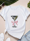 Cotton T Shirts For Women Elegant Glass With Pink Ribbon And Olive Garnish Tshirt, Graphic Shirts For Women, Graphic Tshirts Women