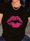 Womens Graphic Tshirts Pink Distressed Texture Lips On Classic Black Tshirt, Basic Tees Women, Red T Shirt Women