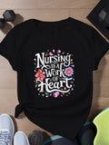 Graphic Tees Women Nursing Is A Work Of Heart Floral Design, Black T Shirt Women, Grey T Shirt Womens