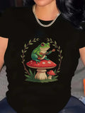 Womens Graphic Tshirts Green Frog Sitting On Red Mushroom Among Leaves And Grass, Women T Shirt, 100 Cotton T Shirts For Women