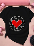 Grey T Shirt Womens Black Tshirt With Red Heart Over Volleyball Core Object, Womens Tees, Shirt For Women