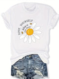 White Cotton Shirt Women Love Yourself Motivational Quote With Bright Cheerful Daisy Flower, Cotton Shirts For Women, Blue Shirt Women