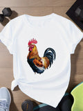 Cute T Shirts For Women Realistic Vibrant Rooster Standing On White Cotton Tshirt, Grey T Shirt Womens, White Cotton Shirt Women