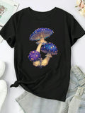 Cotton Shirts For Women Vibrant Purple Blue Glowing Mushrooms On Black Cotton T Shirt, Womens Night Shirts, Vintage Shirts Women