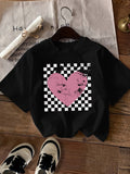 Womens Graphic Tees Vintage Pink Heart With Handwritten Text Over Black And White Checkerboard Pattern Heart, Womens Graphic T Shirts, Green Shirt Womens