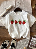 Graphic Tees Women Fresh Red Strawberries With Green Leaves On White Tshirt, Red T Shirt Women, Women's Short Sleeve T Shirts
