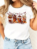 Graphic Tees Women Halloween Themed Cute Drinks With Whipped Cream Pumpkin And Spiderweb Cup, Cotton Shirts For Women, Green Shirt Womens