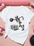 Cotton T Shirts For Women Skeleton Bowling Ball Rolling Pins Down White Cotton Tshirt, Vintage T Shirts Women, Green Shirt Womens