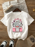 Black T Shirt Women Cute Retro Vintage Pink Camera With Blooming Wildflowers White T Shirt, Cute Graphic Tees For Women, White Cotton Shirt Women