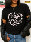 Black T Shirt Women Cousin Crew Stylish Sparkling Light Pink Script With Stars Tshirt, Womens Night Shirts, Green Shirt Womens