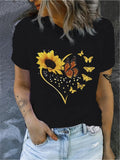 Cute Graphic Tees For Women Vibrant Yellow Sunflower With Orange Butterflies Surrounding Heart Tshirt, Womens Night Shirts, Red T Shirt Women
