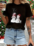 Graphic Shirts For Women Festive Winter Scene With Snowmen Wearing Red Hats On Black T Shirt, Grey T Shirt Womens, Womens White Tee