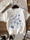 Funny Shirts For Women Blue Detailed Marine Creatures And Shells On White Tshirt, Women's Short Sleeve T Shirts, Funny T Shirts For Women