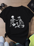 Black T Shirt Women Playful Interaction Between Skeletal Human And Dog, Cute T Shirts For Women, Cute Graphic Tees For Women