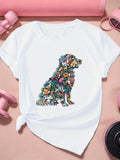 Grey T Shirt Womens Colorful Botanical Elements Surrounding Sitting Dog, Cute T Shirts For Women, Black T Shirt Women