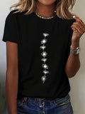 Graphic Tees Women Delicate White Floral Branch On Black Cotton Short Sleeve T Shirt, Womens Graphic T Shirts, Basic Tees Women
