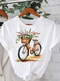 Women's Short Sleeve T Shirts Vintage Bicycle With Colorful Flowers In Basket On White Background, White Cotton Shirt Women, Blue Shirt Women