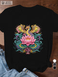 Womens Tees Colorful Mythical Bird With Detailed Feathers Floating Over Blooming Lotus Flower, Funny Shirts For Women, Vintage Shirts Women