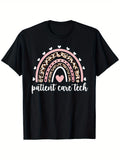 Womens White Tee Patient Care Tech Cheerful Colorful Curved Rainbow With Heart And Small Butterflies, Women's Short Sleeve T Shirts, Womens Night Shirts