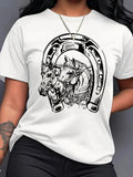 Cotton Shirts For Women Decorative Horseshoes With Detailed Realistic Horses And Floral Elements, Cotton T Shirts For Women, Red T Shirt Women