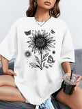 Funny Shirts For Women Black And White Detailed Sunflower With Butterflies And Leaves Flower, Womens Tees, Cotton T Shirts For Women