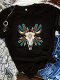 Cute Graphic Tees For Women Detailed Ethnic Feathers Surrounding A Bull Skull, Basic Tees Women, Grey T Shirt Womens