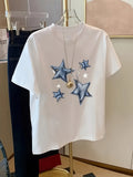 Womens Grinch Shirt Blue Starry Pattern With Sparkling Lights Around White Tshirt, Funny Shirts For Women, Women's Short Sleeve T Shirts