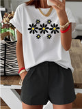 Womens Tees Black Daisy Flowers With Yellow Centers On White T Shirt, Graphic Tshirts Women, Womens Shirts