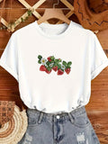 Graphic Tshirts Women Fresh Red Ripe Strawberries With Green Leaves On White Background T Shirt, Blue Shirt Women, Graphic Tees Women
