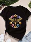 Cute T Shirts For Women Colorful Blossoms Surrounding Detailed Honey Bee, Women T Shirt, Womens T Shirts