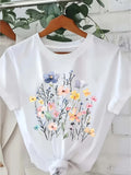 Womens Graphic Tees Vintage Delicate Pastel Colored Flowers Blooming On White T Shirt, Cute T Shirts For Women, Funny T Shirts For Women