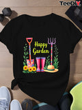 Basic Tees Women Happy Garden Bright Colorful Rubber Boots With Gardening Tools And Straw Hat, Country Shirts Womens, Graphic Shirts For Women