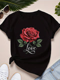 Black T Shirt Women Love Elegant Red Rose With Green Leaves Black Tshirt, Funny Shirts For Women, White Cotton Shirt Women