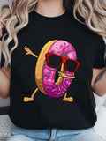 Womens White Tee Cartoon Donut With Pink Frosting Wearing Cool Sunglasses On Black Tshirt, Cotton T Shirts For Women, Graphic Shirts For Women